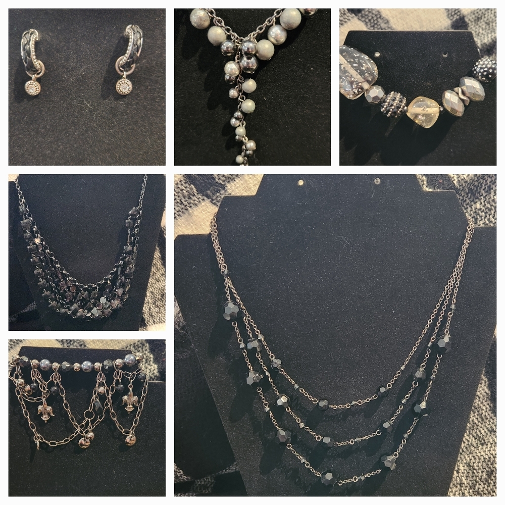 Lot of Black & Silvertone Jewlery 3 Necklaces, 2 Bracelets & 1 Earrings Set